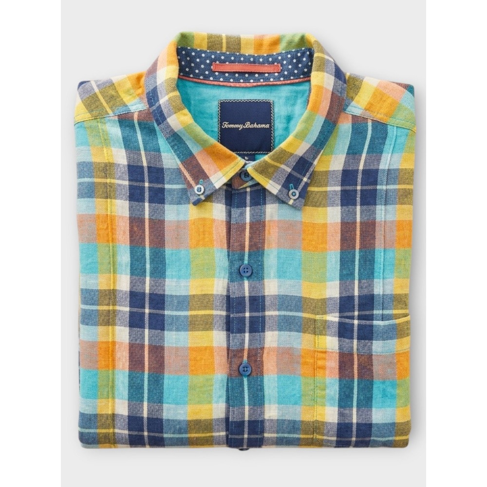 Tommy Bahama Linen Shirt Men L Plaid Button Down Blue‎ Yellow Coastal Resortwear